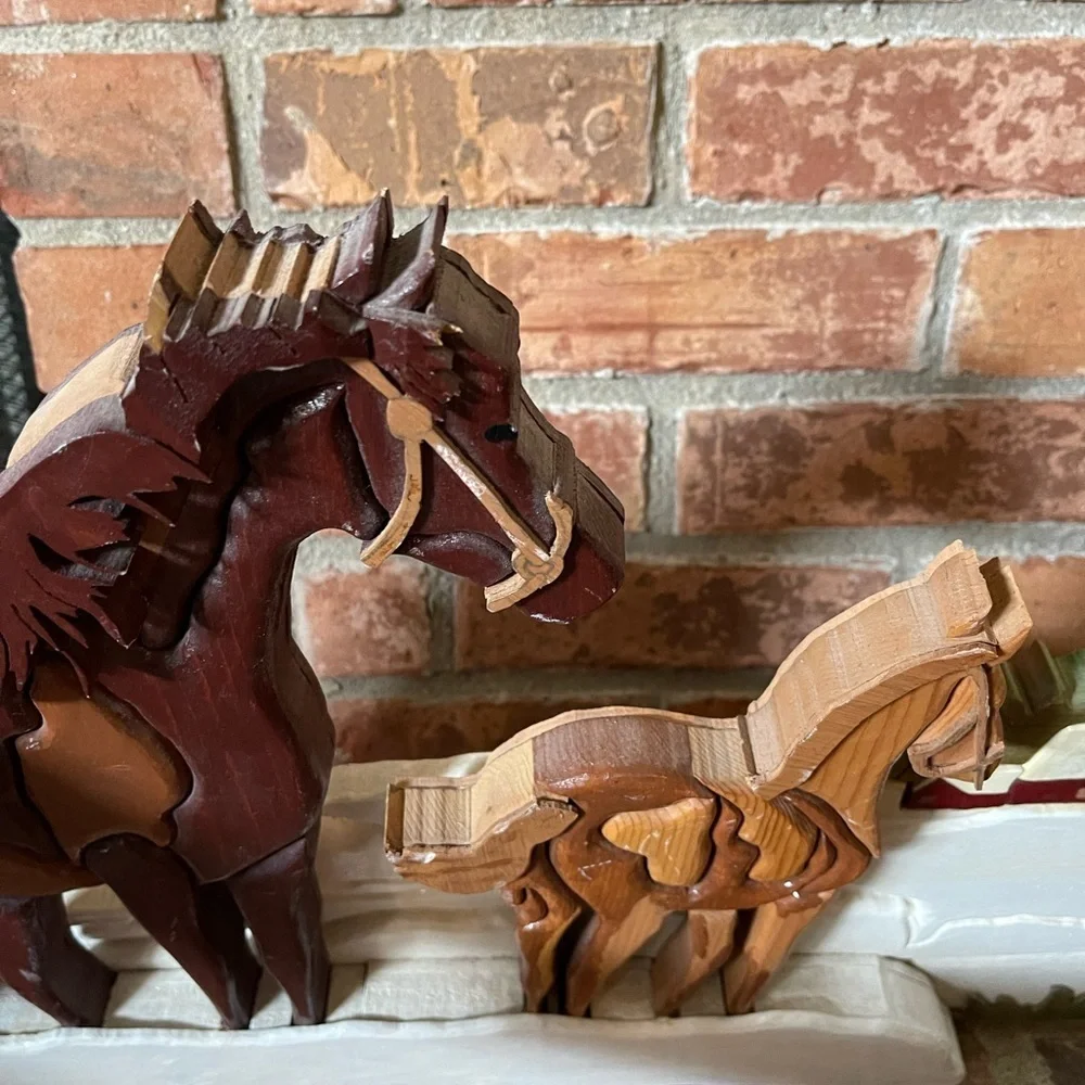 Vtg Hand Made Wooden 3D Art Puzzle Style Horses Barn Wall Hanging